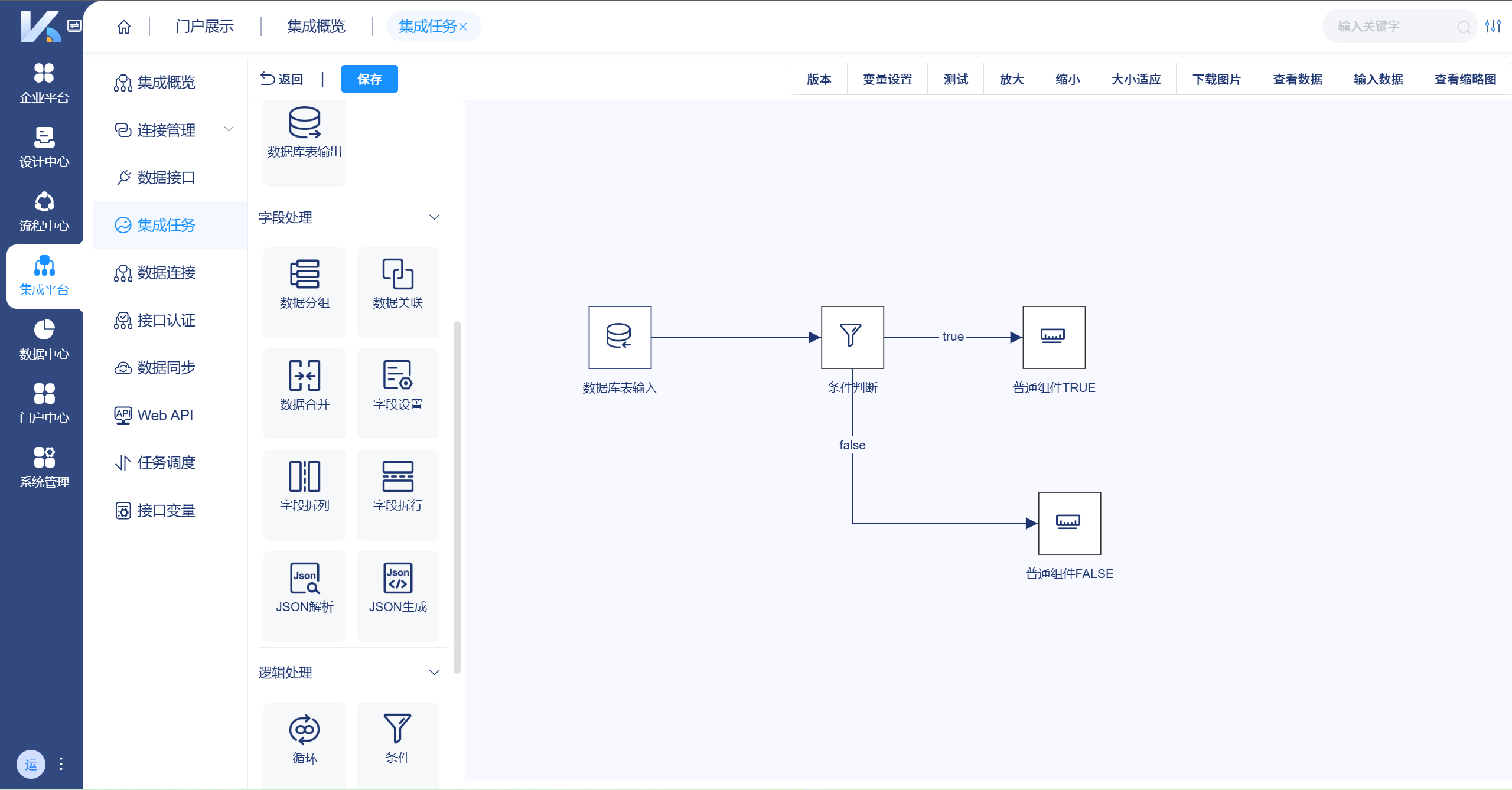 灵活的拖放操作界面，使得企业能够轻松在编辑器中构建集成任务，配置各种节点间的交互，如数据分组、数据合并、数据关联等。